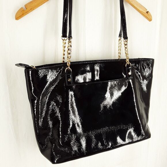 MICHAEL KORS Patent Leather + Chain Tote Bag, Shoulder Purse Handbag,shiny black - Picture 3 of 16